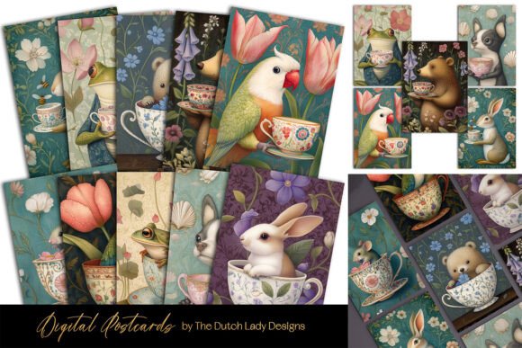 Animal Tea Time Postcard & Art Print Set: Whimsical Design for Creative Projects