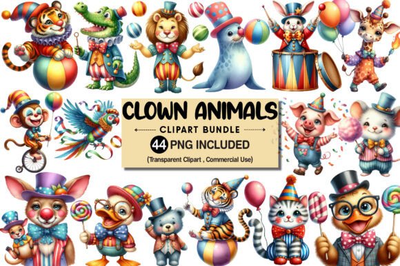Funny Animal Clown Clipart Bundle: A Playful Design Asset for Creative Projects