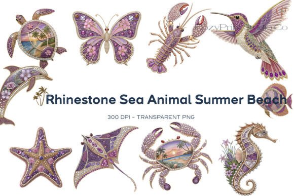 Rhinestone Sea Animal Summer Beach PNG: Sparkling Design Elements